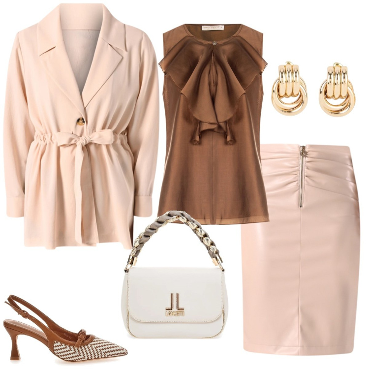 Outfit donna - In città. Stile Chic per Tutti i giorni. Abbinamento con orecchini, gonne, bluse, blazer, borse a tracolla, décolleté.