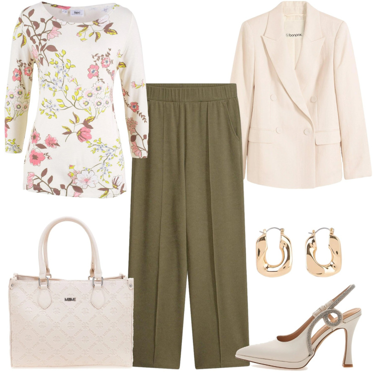 Outfit donna - Cerimonia informale. Stile Chic per Cerimonia. Abbinamento con pantaloni, maglieria, blazer, orecchini, décolleté, borse a tracolla.