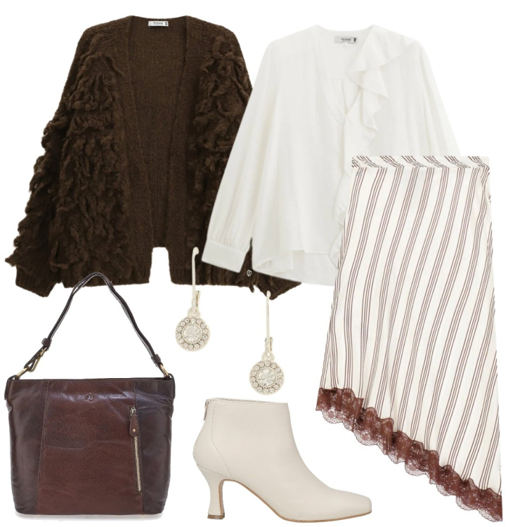 Outfit donna - Passeggiata. Stile Boho per Tutti i giorni. Abbinamento con stivaletti, bluse, gonne longuette, cardigans, orecchini, borse a spalla.