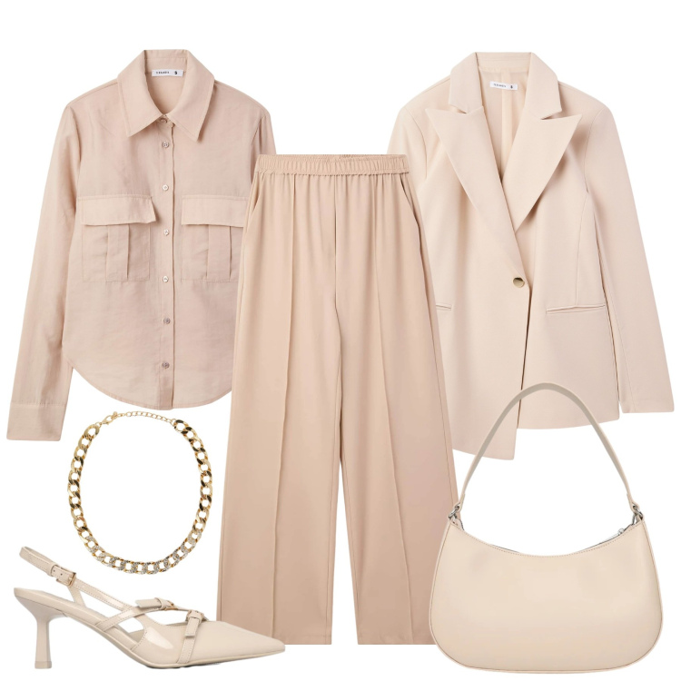 Outfit donna - Toni raffinati. Stile Chic per Tutti i giorni. Abbinamento con camicie, blazer, pantaloni, décolleté, borse a tracolla, collane.
