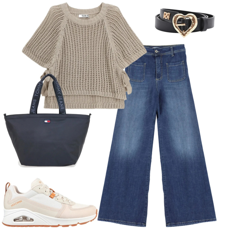 Outfit donna - Spring. Stile Casual chic per Tutti i giorni. Abbinamento con jeans, top, cinture, borse tote, sneakers alte.