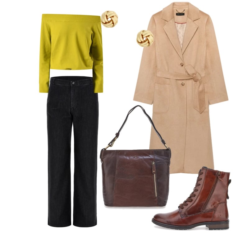 Outfit donna - Urban Mustard & Cozy Textures. Stile Casual chic per Tutti i giorni. Abbinamento con cappotti, maglieria, orecchini, jeans, anfibi, borse a spalla.