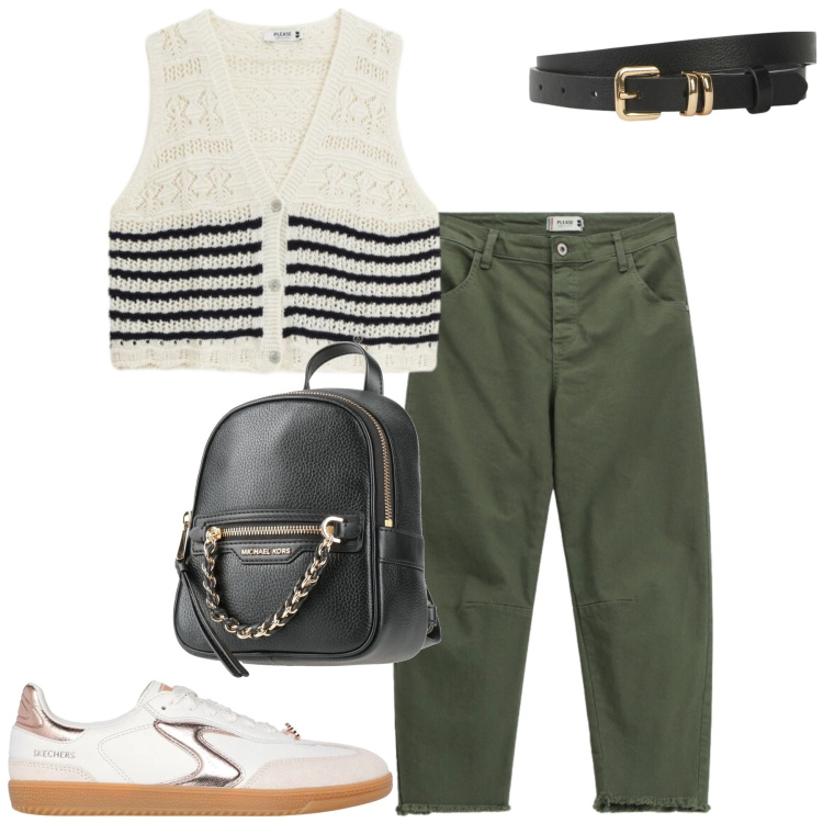 Outfit donna - City. Stile Casual per Tutti i giorni. Abbinamento con zaini, cinture, pantaloni, maglieria, sneakers.