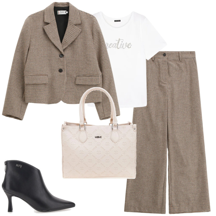 Outfit donna - Total look #2351207. Stile Urban per Tutti i giorni. Abbinamento con t-shirt, blazer, pantaloni a palazzo, stivaletti, borse a tracolla.