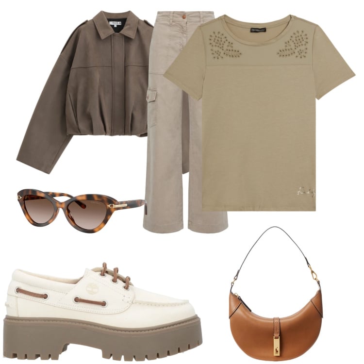 Outfit donna - Università. Stile 70s per Scuola/Università. Abbinamento con mocassini, pantaloni cargo, bomber, t-shirt, borse a spalla, occhiali da sole.