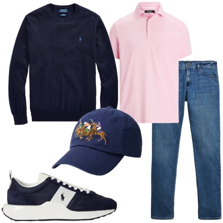 Outfit uomo - Ralph Lauren casual. Stile Casual per Tutti i giorni. Abbinamento con maglieria, jeans, polo, sneakers, cappelli.