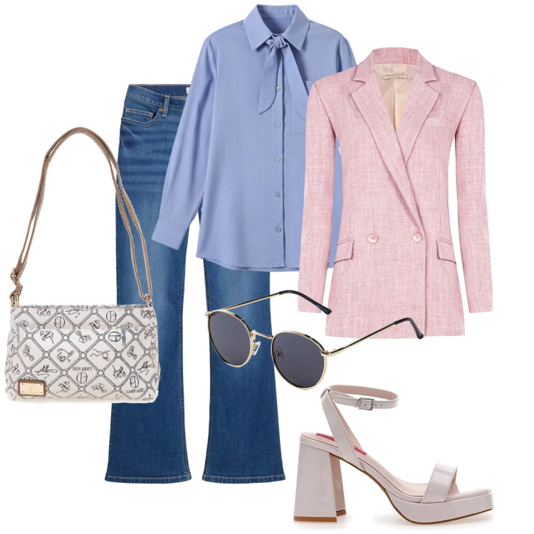 Outfit donna - Blazer di primavera @laloba. Stile Casual chic per Tutti i giorni. Abbinamento con jeans bootcut, occhiali da sole, blazer, camicie, borse a tracolla, sandali col tacco.