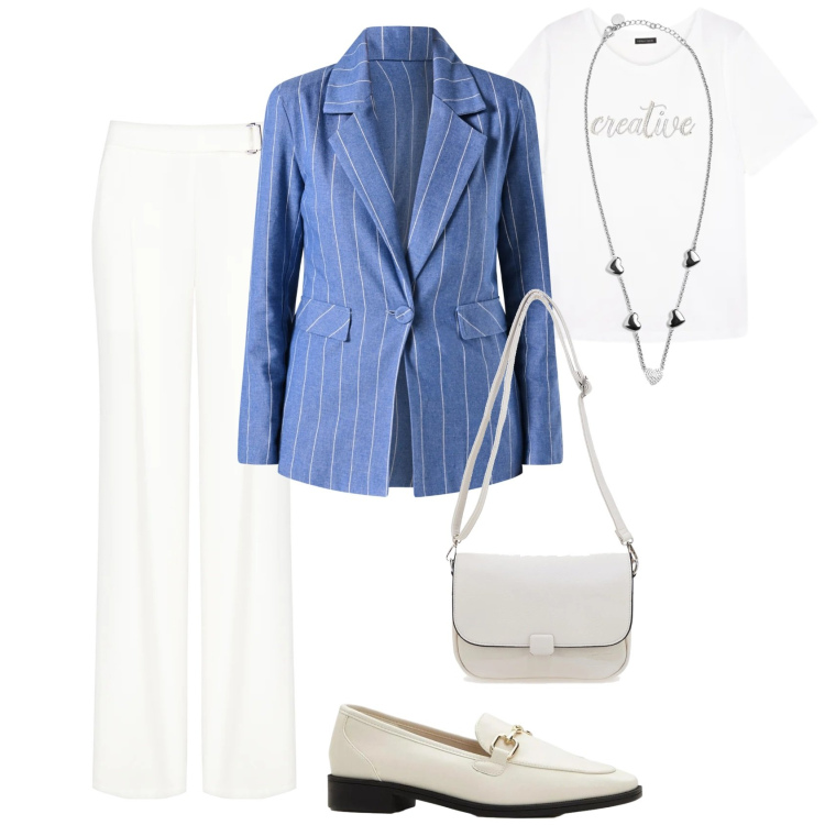 Outfit donna - Blazer di primavera @laloba. Stile Casual chic per Tutti i giorni. Abbinamento con mocassini, t-shirt, collane, blazer, pantaloni, borse a tracolla.