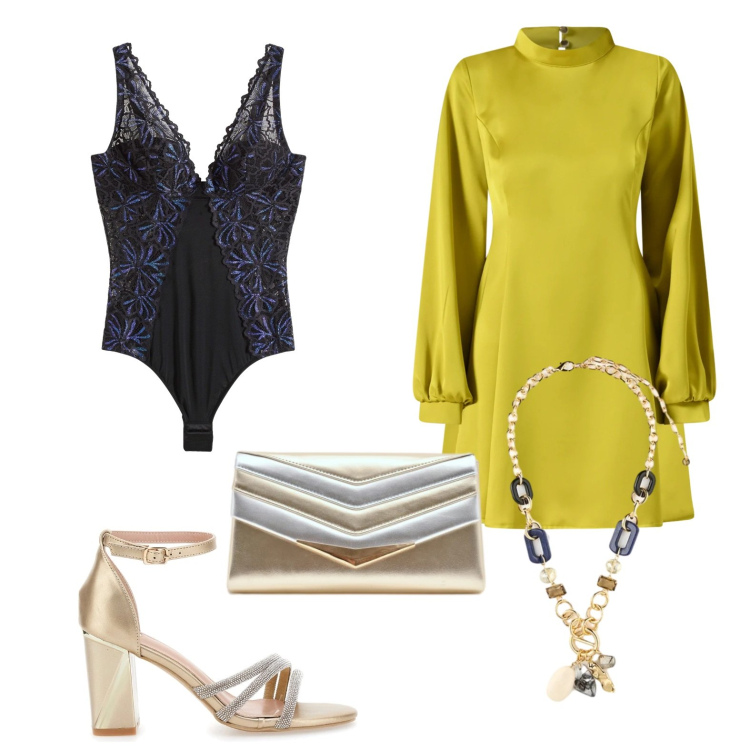 Outfit donna - Abito giallo oro. Stile Trendy per Serata fuori. Abbinamento con body, collane, pochette, vestiti corti, sandali col tacco.