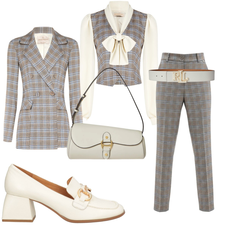 Outfit donna - Regolare. Stile Mannish per Ufficio. Abbinamento con mocassini, bluse, pantaloni, blazer, borse a spalla, cinture.