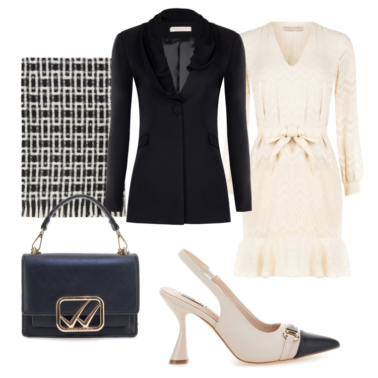 Outfit donna - Bianco e nero per l\'ufficio. Stile Chic per Ufficio. Abbinamento con sciarpe, vestiti corti, blazer, borse a tracolla, décolleté.