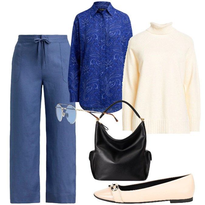 Outfit donna - Primavera che valorizza - Focus Donna Cu. Stile Casual chic per Tutti i giorni. Abbinamento con maglieria, ballerine, camicie, occhiali da sole, pantaloni, borse a spalla.