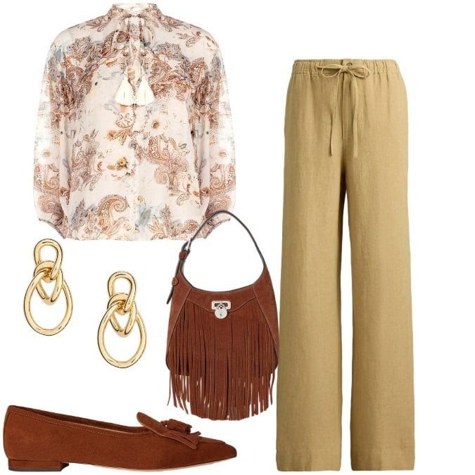 Outfit donna - Primavera che valorizza - FDCI. Stile Casual chic per Tutti i giorni. Abbinamento con bluse, ballerine, orecchini, borse a tracolla, pantaloni.