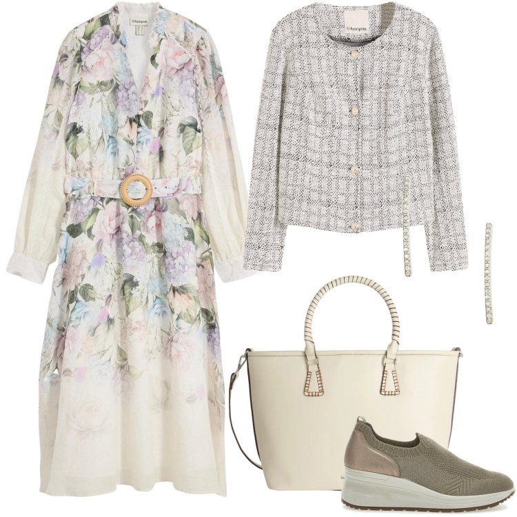 Outfit donna - Primavera che valorizza. Stile Romantica per Tutti i giorni. Abbinamento con vestiti midi/longuette, cardigans, shopping bag, orecchini, scarpe stringate.