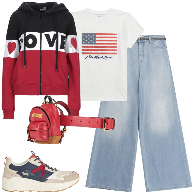 Outfit donna - Marzo. Stile Casual per Tutti i giorni. Abbinamento con marsupi, felpe con cappuccio, sneakers, jeans, t-shirt.