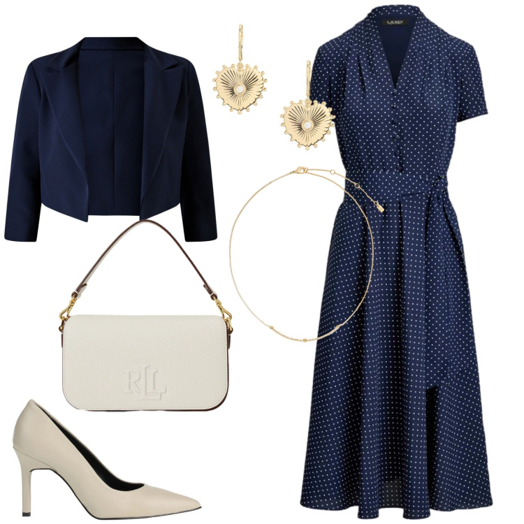 Outfit donna - Stile Bon Ton. Stile Bon Ton per Tutti i giorni. Abbinamento con décolleté, bolero, collane, orecchini, borse a spalla, vestiti.