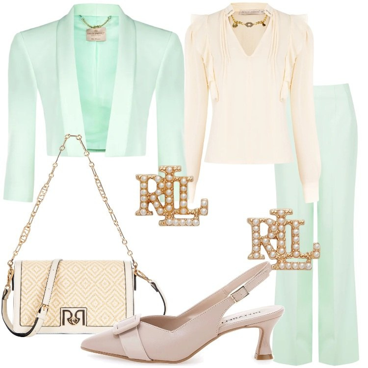 Outfit donna - Il potere dei colori pastello Curvy. Stile Chic per Cerimonia. Abbinamento con pantaloni a palazzo, bolero, borse a tracolla, bluse, orecchini, décolleté.