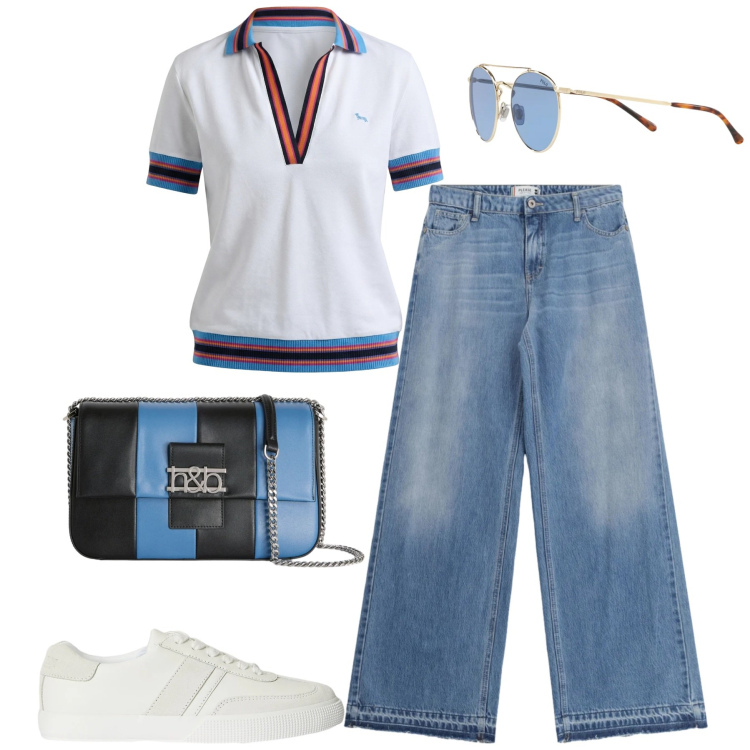 Outfit donna - Marzo. Stile Casual per Tutti i giorni. Abbinamento con polo, borse a tracolla, jeans, sneakers, occhiali da sole.