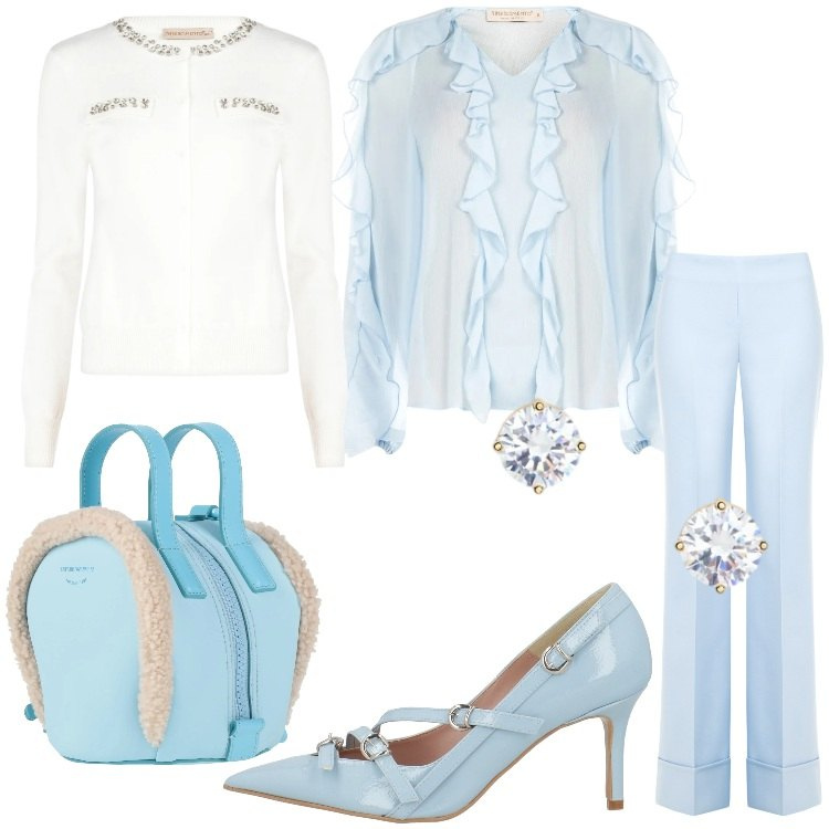 Outfit donna - Il potere dei colori pastello Curvy. Stile Romantica per Serata fuori. Abbinamento con zaini, décolleté, bluse, pantaloni a palazzo, cardigans, orecchini.