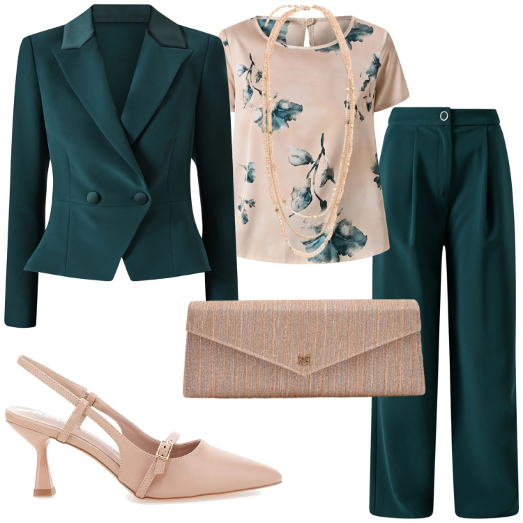Outfit donna - Cerimoniosa. Stile Chic per Cerimonia. Abbinamento con collane, pochette, pantaloni a palazzo, blazer, bluse, décolleté.