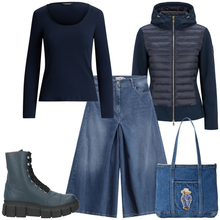 Outfit donna - Total look #2351258. Stile Casual per Tutti i giorni. Abbinamento con stivaletti, giacche, jeans, t-shirt, borse tote.