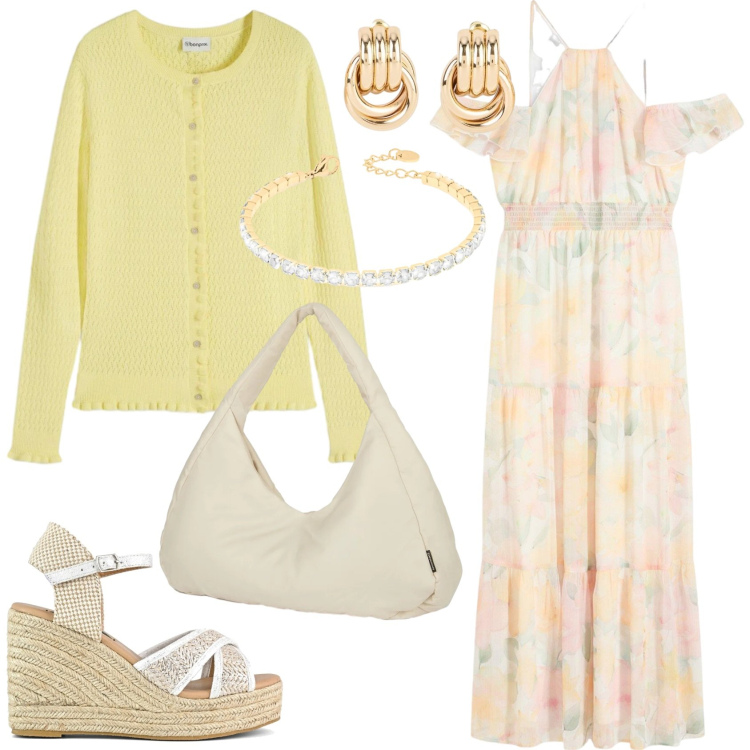 Outfit donna - Un soffio di primavera. Stile Casual chic per Tutti i giorni. Abbinamento con cardigans, vestiti lunghi, orecchini, braccialetti, borse a spalla, zeppe.