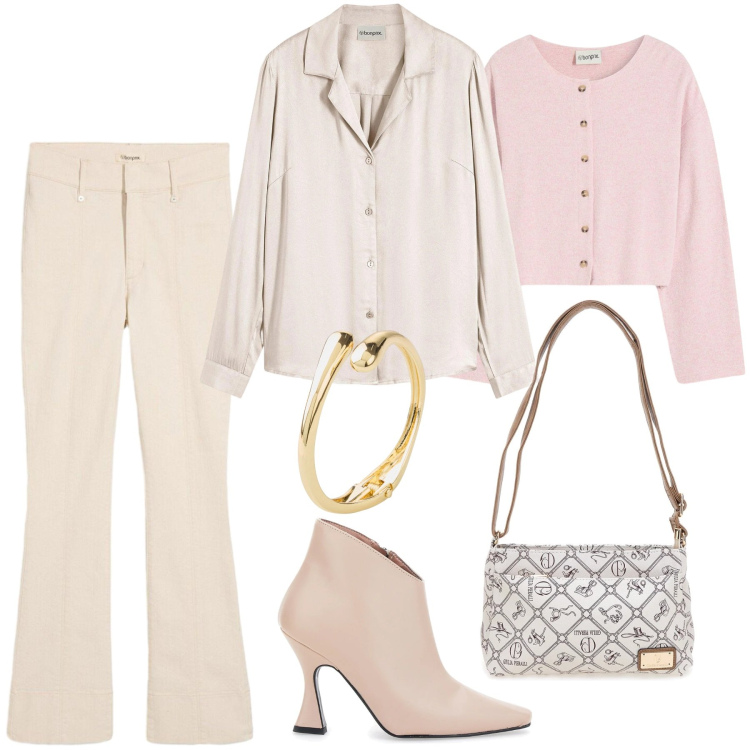 Outfit donna - Il potere dei colori pastello. Stile Casual chic per Tutti i giorni. Abbinamento con jeans bootcut, cardigans, braccialetti, camicie, stivaletti, borse a tracolla.
