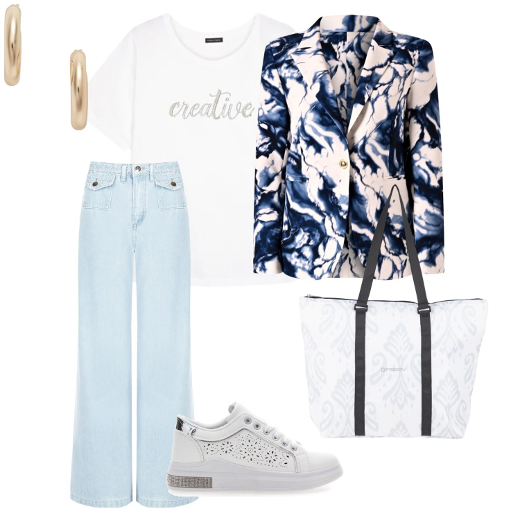 Outfit donna - Denim chiaro primavera. per Ufficio. Abbinamento con t-shirt, shopping bag, jeans dritti, blazer, orecchini, sneakers.