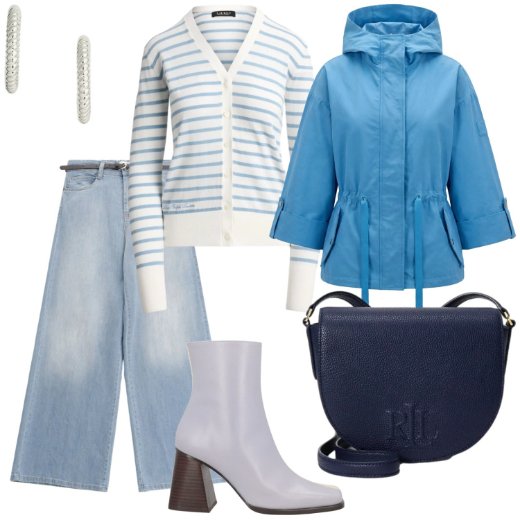 Outfit donna - Denim primavera. per Tutti i giorni. Abbinamento con stivaletti, caban, jeans, cardigans, orecchini, borse a tracolla.