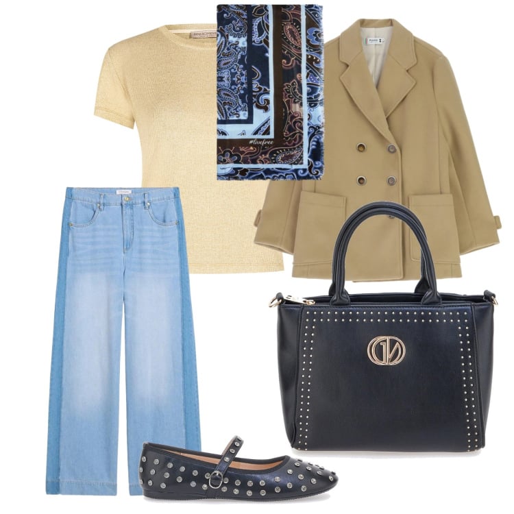 Outfit donna - Denim primavera. per Ufficio. Abbinamento con jeans, foulard, blazer, t-shirt, borse a mano, ballerine.