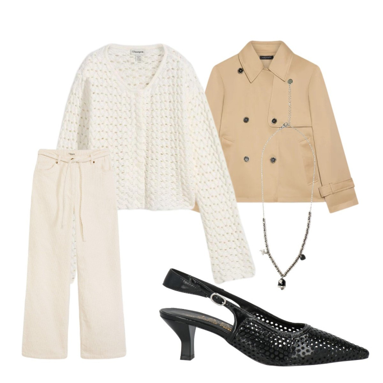 Outfit donna - Cardigan traforato crop. Stile Minimal per Ufficio. Abbinamento con décolleté, cardigans, pantaloni, trench, ciondoli.