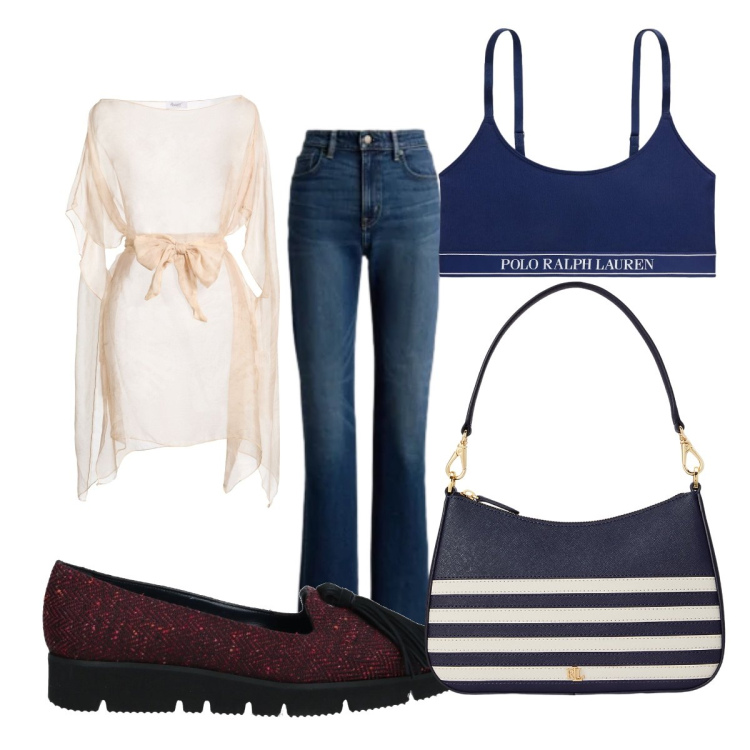 Outfit donna - Jeans chic curvy. Stile Casual chic per Tutti i giorni. Abbinamento con top, mocassini, borse a spalla, jeans, reggiseni.