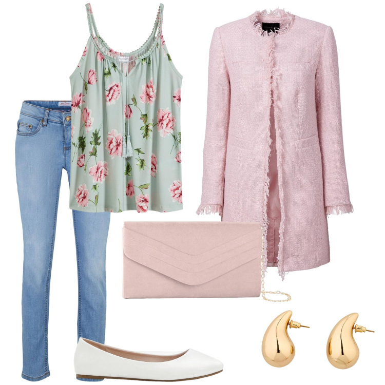 Outfit donna - Bonprix primavera. per Tutti i giorni. Abbinamento con jeans skinny, orecchini, top, pochette, ballerine, blazer.