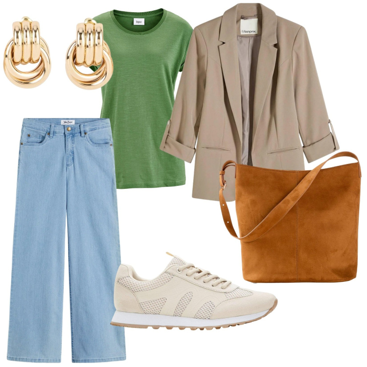 Outfit donna - Bonprix primavera. per Tutti i giorni. Abbinamento con blazer, t-shirt, jeans, orecchini, borse a mano, sneakers.