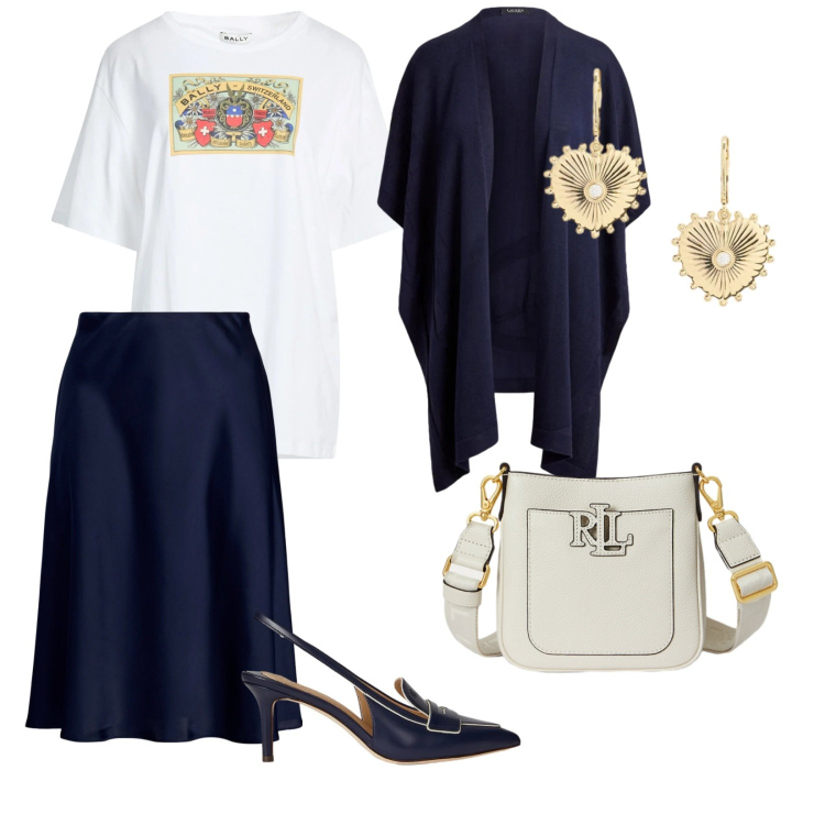 Outfit donna - Primavera focus donna. per Ufficio. Abbinamento con t-shirt, gonne, borse a tracolla, décolleté, orecchini, cappe.