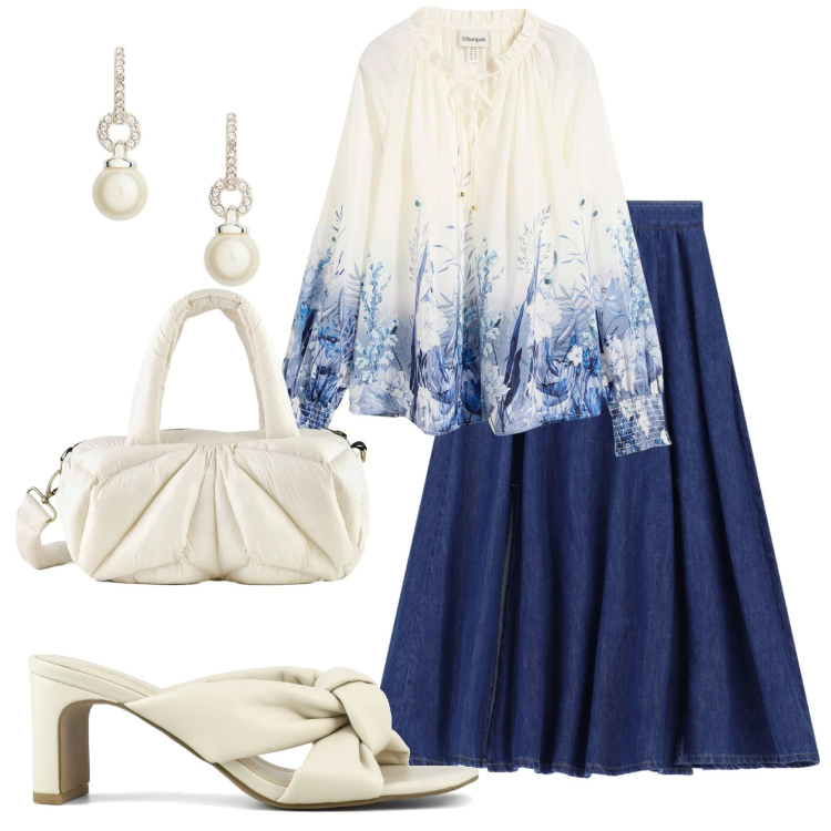 Outfit donna - Gonna lunga in jeans. Stile Casual chic per Mare. Abbinamento con bluse, gonne lunghe, borse a mano, orecchini, sandali col tacco.