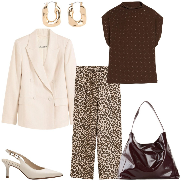 Outfit donna - Serate glam. Stile Glamour per Serata fuori. Abbinamento con top, shopping bag, blazer, pantaloni, décolleté, orecchini.
