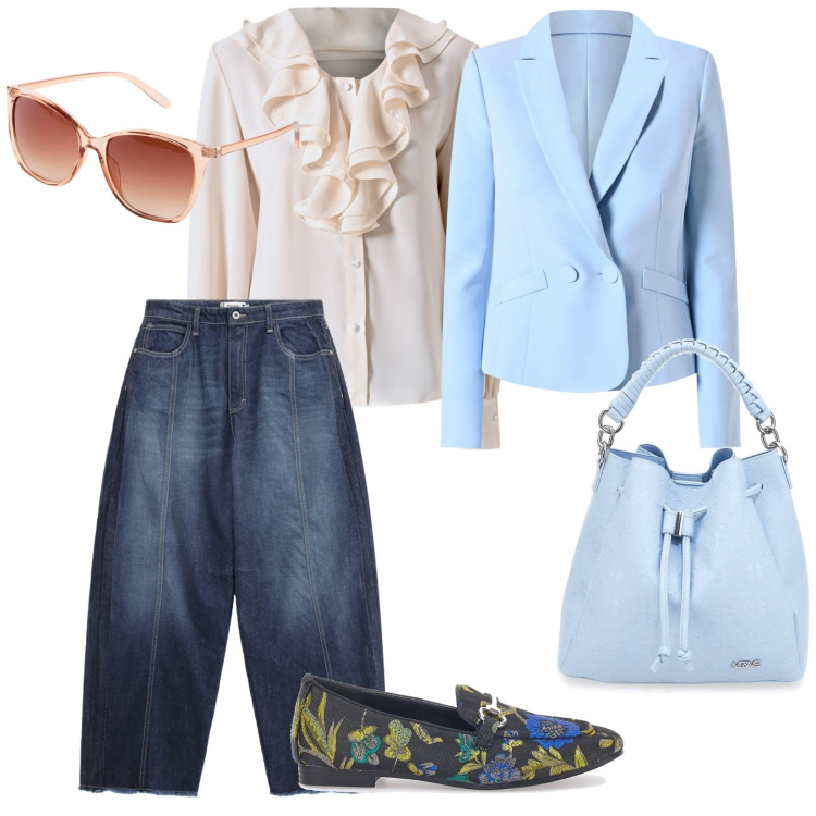 Outfit donna - Focus donna. per Tutti i giorni. Abbinamento con occhiali da sole, jeans, bluse, blazer, mocassini, borse a secchiello.