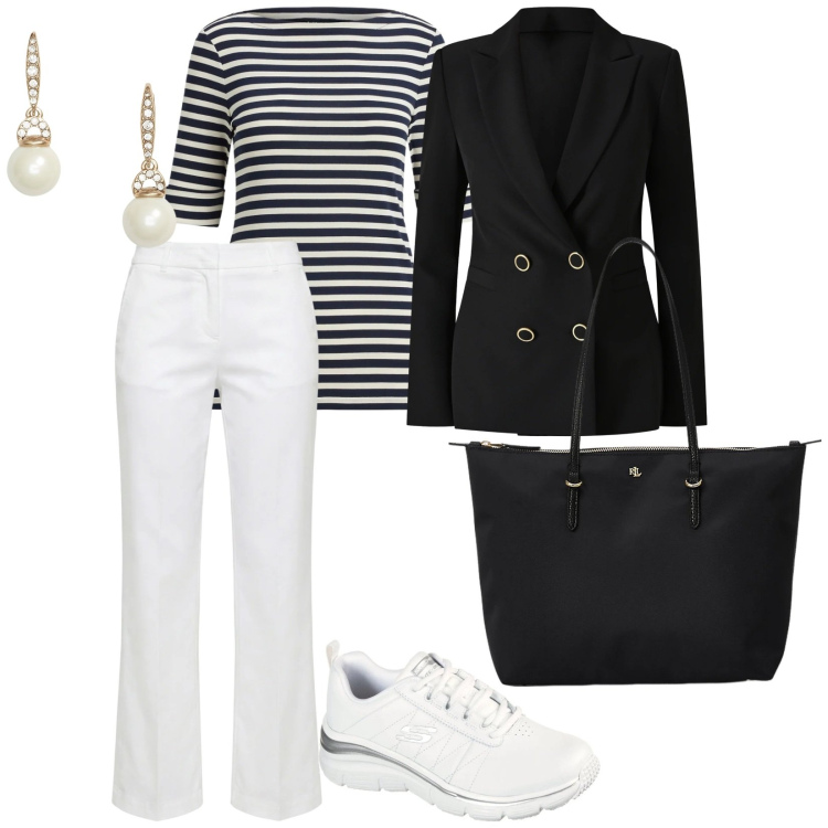 Outfit donna - Focus donna. per Mare. Abbinamento con pantaloni, blazer, orecchini, borse tote, t-shirt, sneakers.