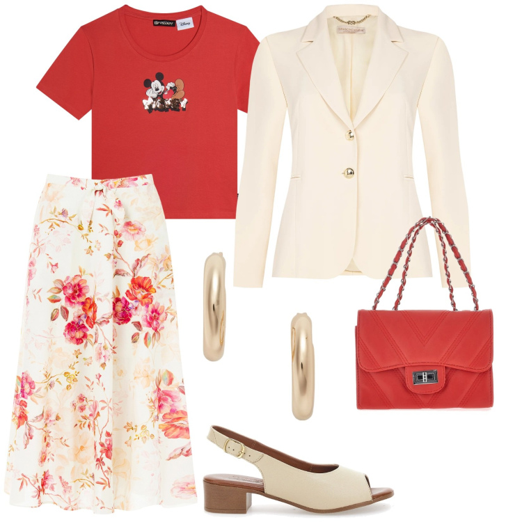 Outfit donna - Focus donna. per Tutti i giorni. Abbinamento con t-shirt, gonne longuette, blazer, orecchini, borse a tracolla, sandali col tacco.