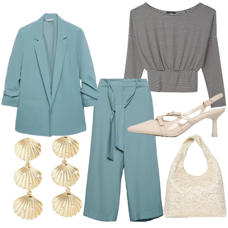 Outfit donna - Colori primaverili. Stile Chic per Tutti i giorni. Abbinamento con pantaloni a palazzo, t-shirt, blazer, borse a spalla, décolleté, orecchini.