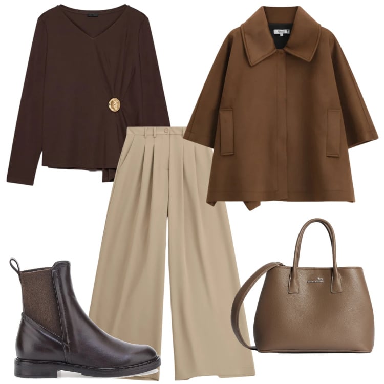 Outfit donna - A spasso con Dasy. Stile Bon Ton per Tutti i giorni. Abbinamento con borse a tracolla, t-shirt, cappotti, pantaloni a palazzo, stivaletti chelsea.