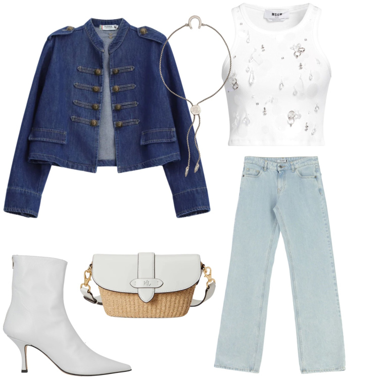 Outfit donna - Un Tocco di Primavera Militare. Stile Casual chic per Tutti i giorni. Abbinamento con stivaletti, top, blazer, jeans dritti, braccialetti con ciondoli, borse a spalla.