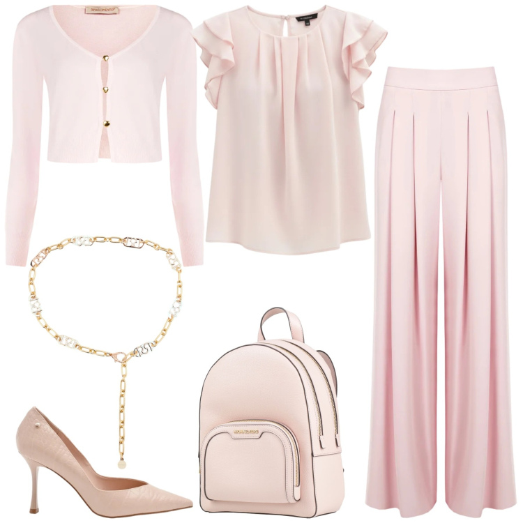 Outfit donna - Il potere dei colori pastello. Stile Romantica per Cerimonia. Abbinamento con zaini, pantaloni a palazzo, cinture, cardigans, top, décolleté.