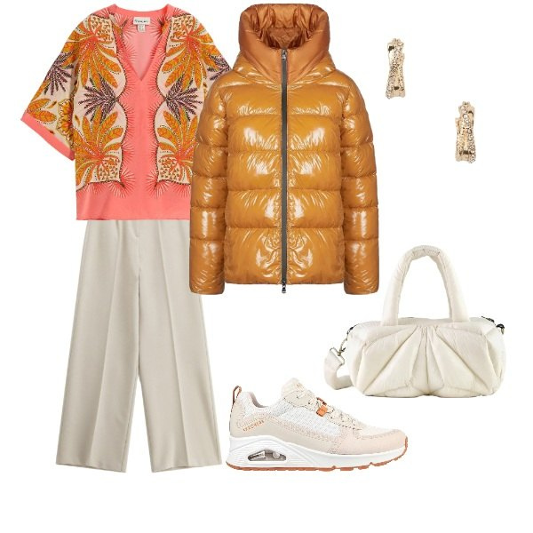 Outfit donna - Colori intramontabili. Stile Urban per Ufficio. Abbinamento con tuniche, pantaloni, piumini, borse a mano, orecchini, sneakers alte.