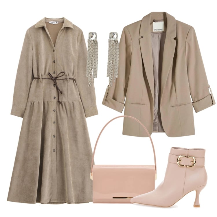 Outfit donna - L\' abito a chemisier. Stile Chic per Tutti i giorni. Abbinamento con blazer, vestiti lunghi, pochette, orecchini, stivaletti.