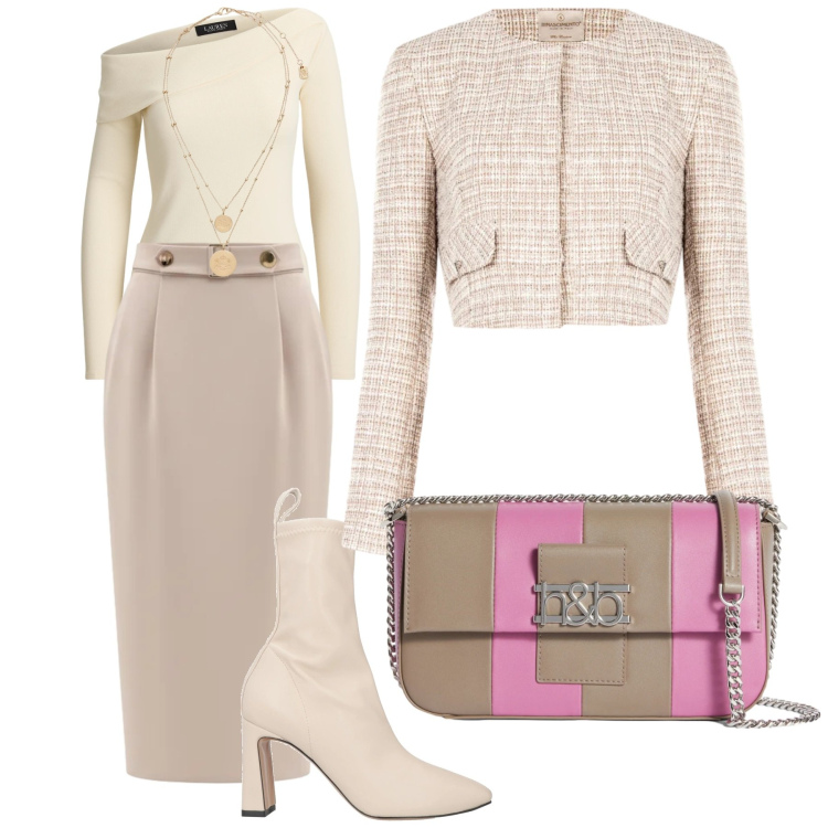 Outfit donna - Look. Stile Glamour per Tutti i giorni. Abbinamento con stivaletti, borse a spalla, gonne longuette, blazer, ciondoli, top.