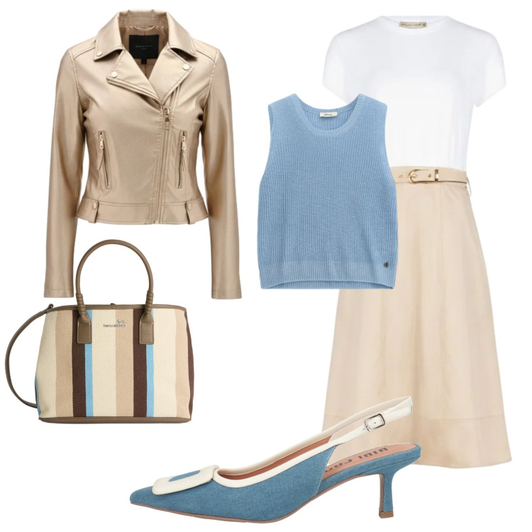 Outfit donna - Giacchino oro. Stile Urban per Ufficio. Abbinamento con décolleté, shopping bag, maglieria, giacche, vestiti midi/longuette.