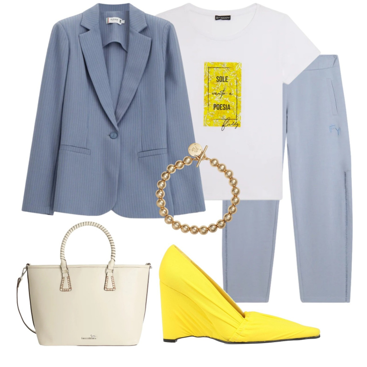 Outfit donna - Scarpe gialle. Stile Casual chic per Tutti i giorni. Abbinamento con décolleté, shopping bag, blazer, pantaloni, t-shirt, braccialetti.