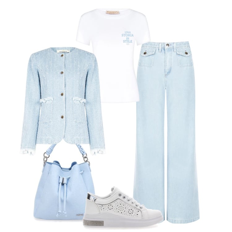 Outfit donna - Bianco e Cielo in città. Stile Sporty chic per Tutti i giorni. Abbinamento con jeans dritti, t-shirt, blazer, sneakers, borse a secchiello.